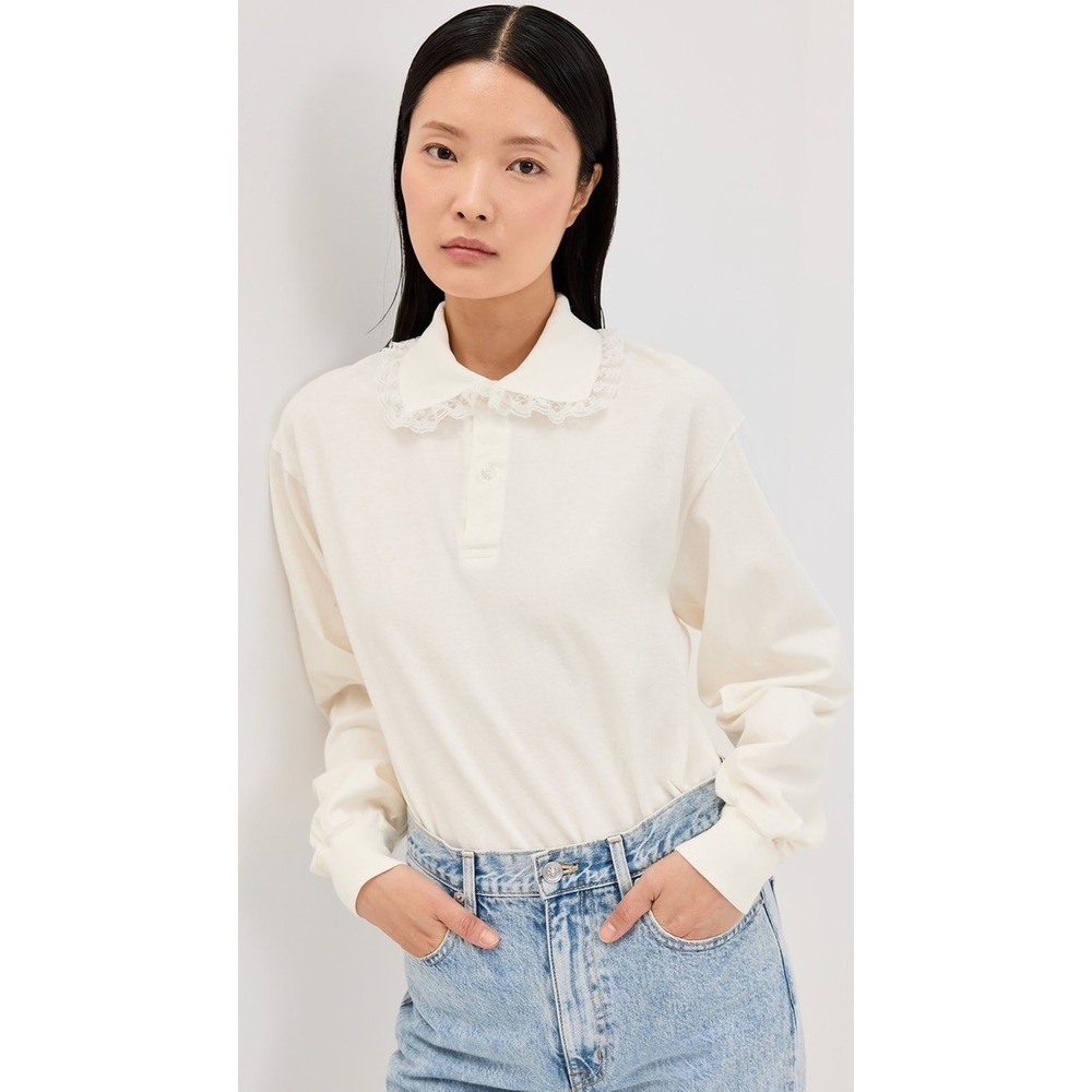 Tanner Fletcher Women's Cletus Lace Trim Long Sleeve Polo Shirt Ivory Cotton- XS